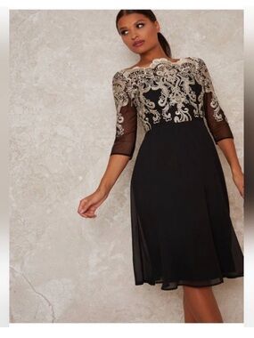 NWT Chi Chi London metallic lace bodice dress w sheer sleeve